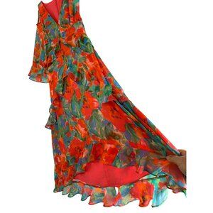 Tahari 2P Cold Shoulder Chiffon Floral Dress Ruffle High Low RDD10669 NWT